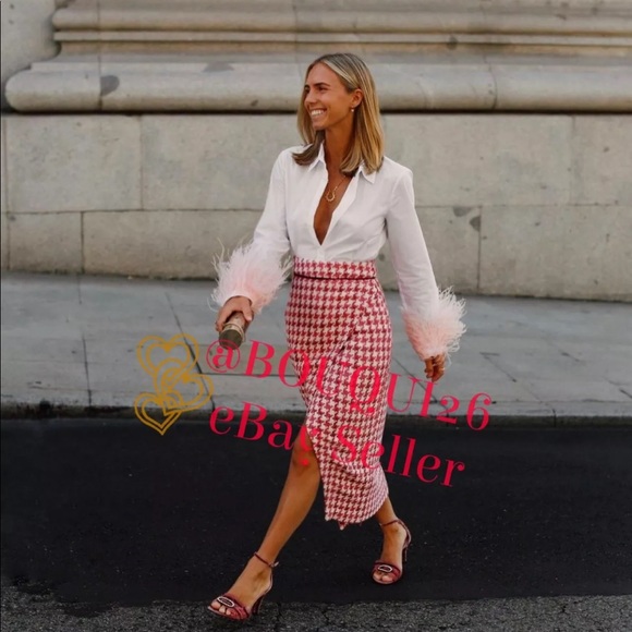 Zara TWEED TEXTURED WEAVE HOUNDSTOOTH
High-waist Midi Skirt Front Slit Pink NEW - Picture 3 of 16